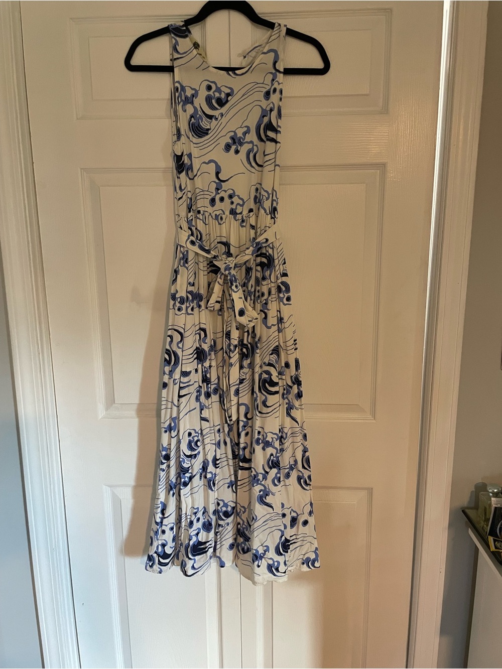 Sleeveless White Dress with Blue Swirl Print and Waist Tie